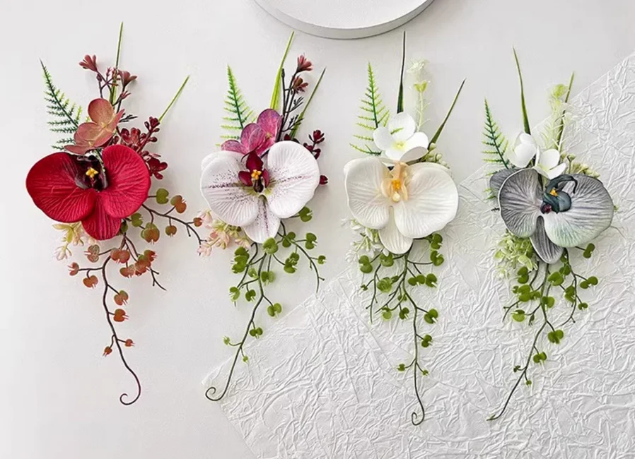4-piece set of original large-sized forest-themed Phalaenopsis orchid corsages for bride, groom, bridesmaids, groomsmen, parents