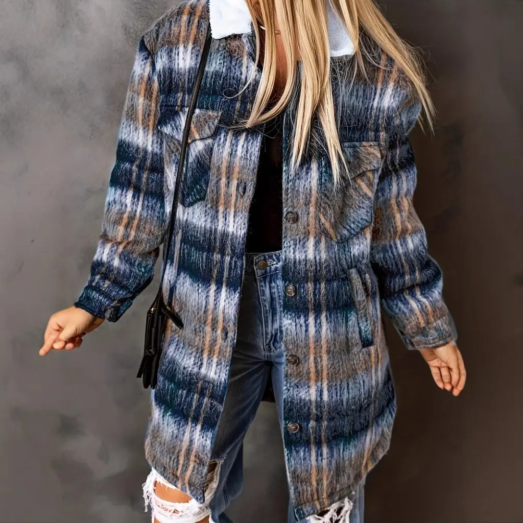 

Autumn Winter Plaid Long-Sleeved Jacket Lapel Plush Windbreaker Loose Casual Comfortable Women's Fashion Outerwear