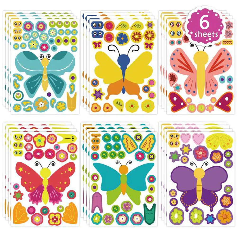 6/12Sheets Cute Butterfly Puzzle Stickers Decals DIY Children Make-a-Face Animals Jigsaw Kids Educational Game Funny Toys Gift