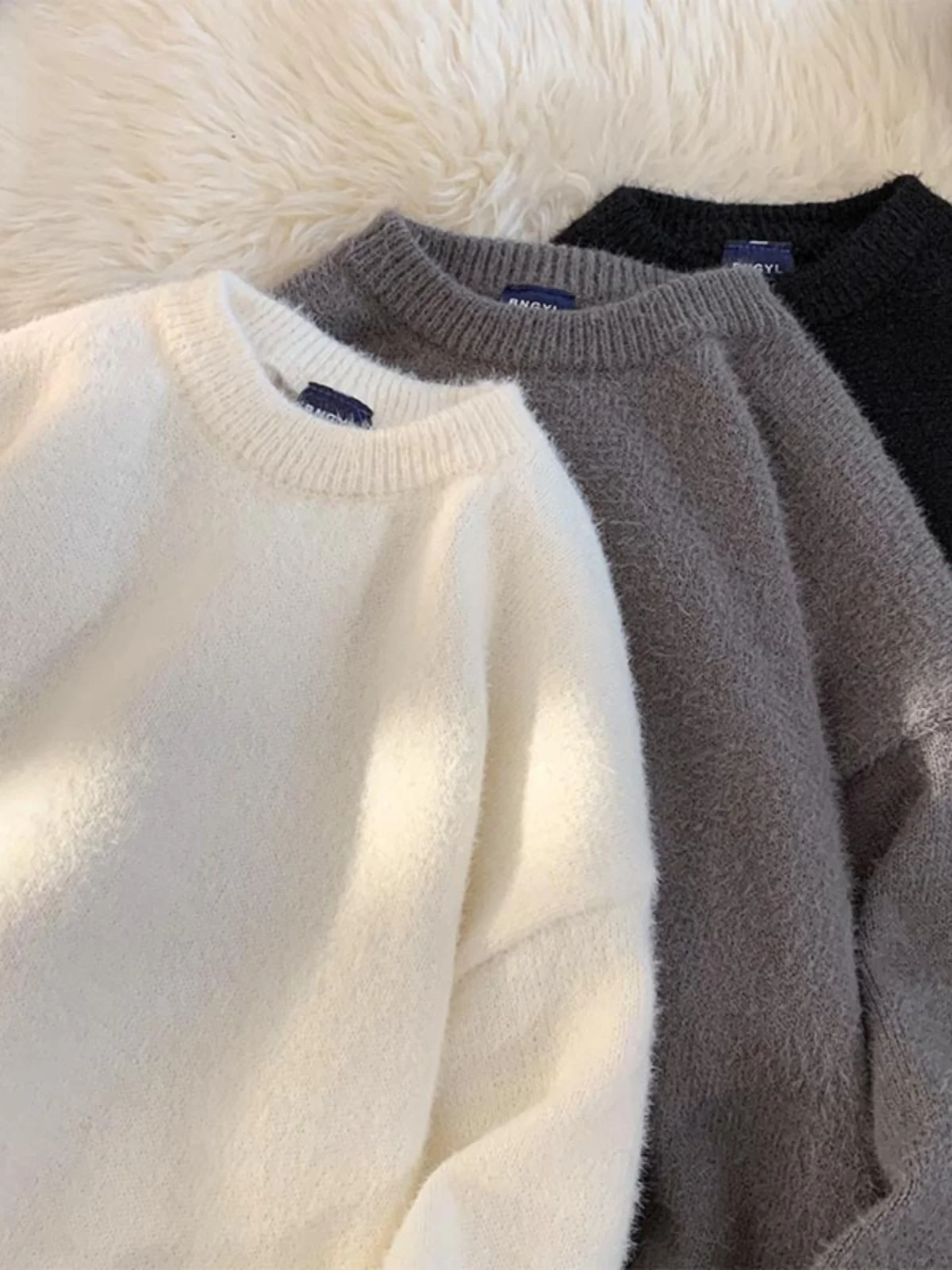 

Autumn Winter Pure Color Mink Velvet Men's round Ne Pullover Casual Versatile Trendy Japanese Retro Teenage Knitted Sweater