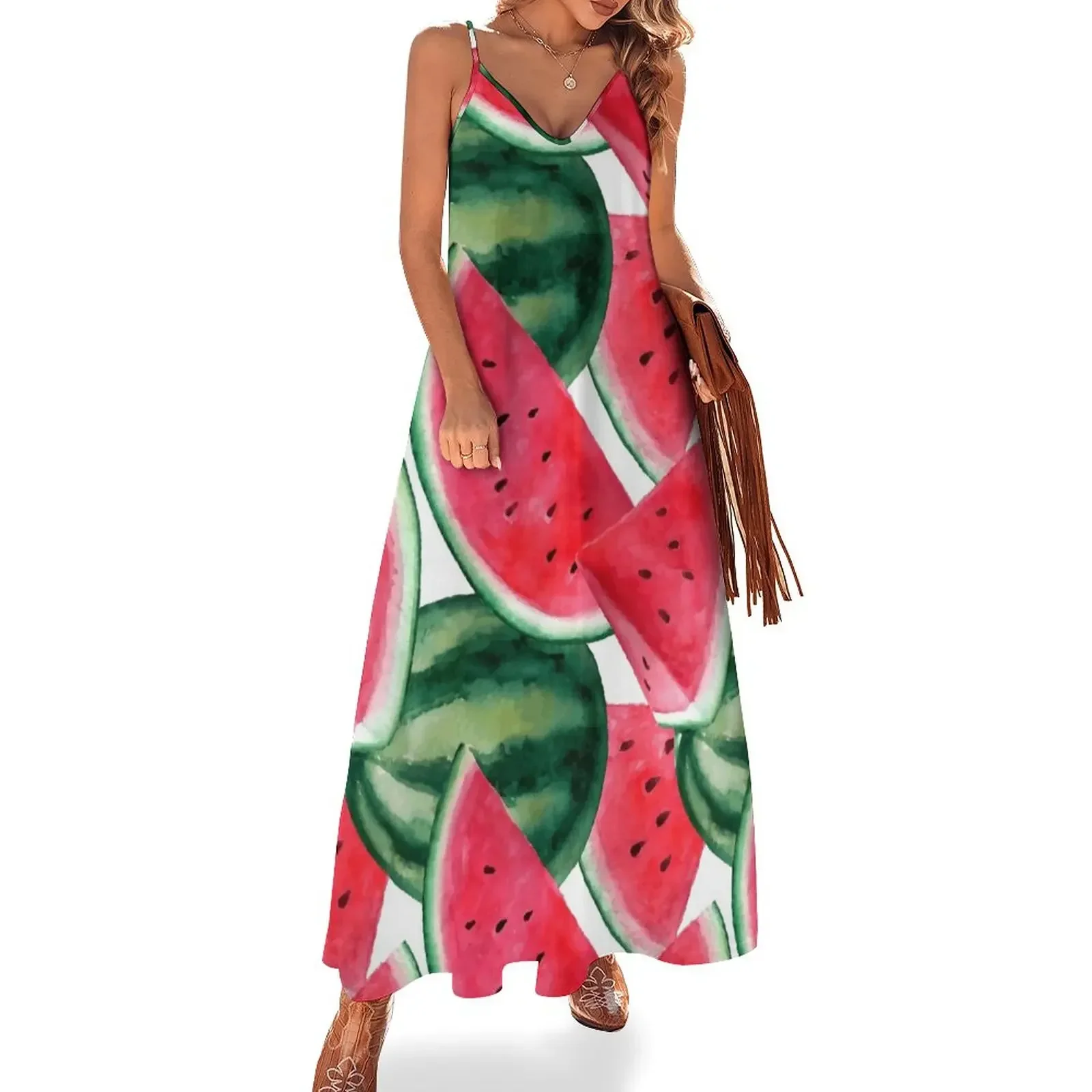 

Juicy watermelon. Watercolor Tropical Fruit Sleeveless Dress Beachwear summer clothes beach dress Women's clothing Dress