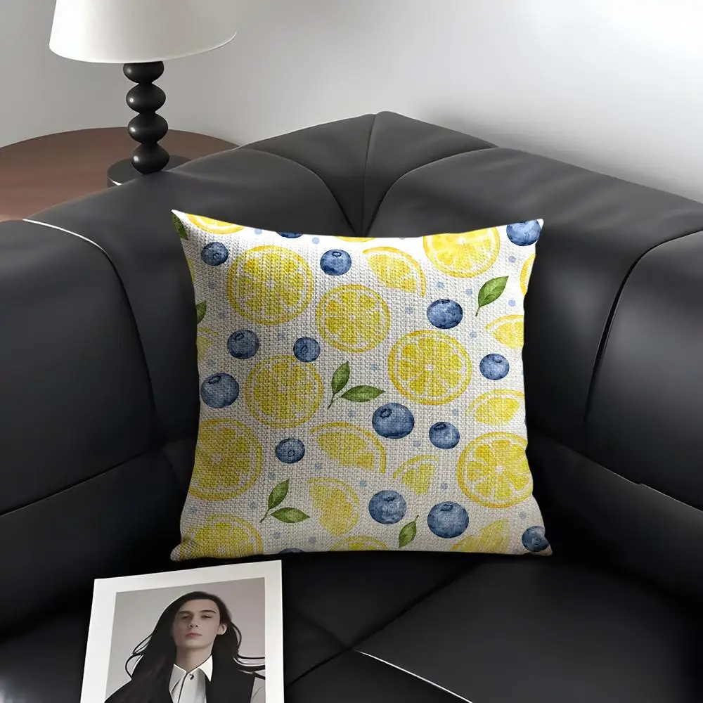 Summer Lemon Blue Cushion Cover Natural Linen Organic Fabric Double-Sided Printing Breathable Perfect Gift For Decor
