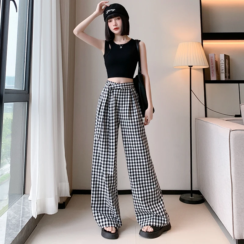 

2024 Summer Thin Black and White Plaid Wide-legged Pants Women Casual Vintage Loose Versatile Drape Dragging Pants Female