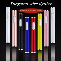 Mini Long Windproof Tungsten Wire Metal Cigarette Lighter Personalized USB Charging Flameless Unusual Lighter for Men's Gift