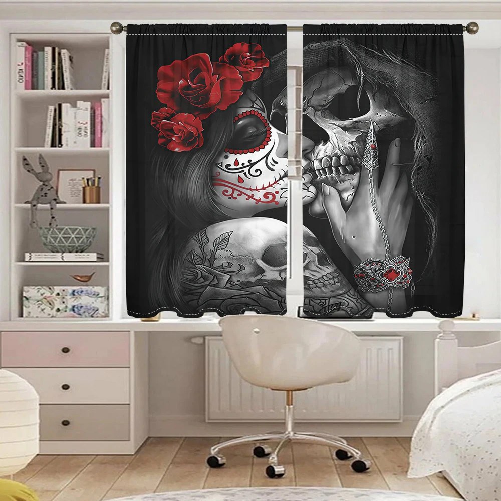 2pcs Halloween Red Rose Gothic Skeleton Rod Pocket Curtain For Living Room Bedroom Office Child Room Decor Study Coffee Shop