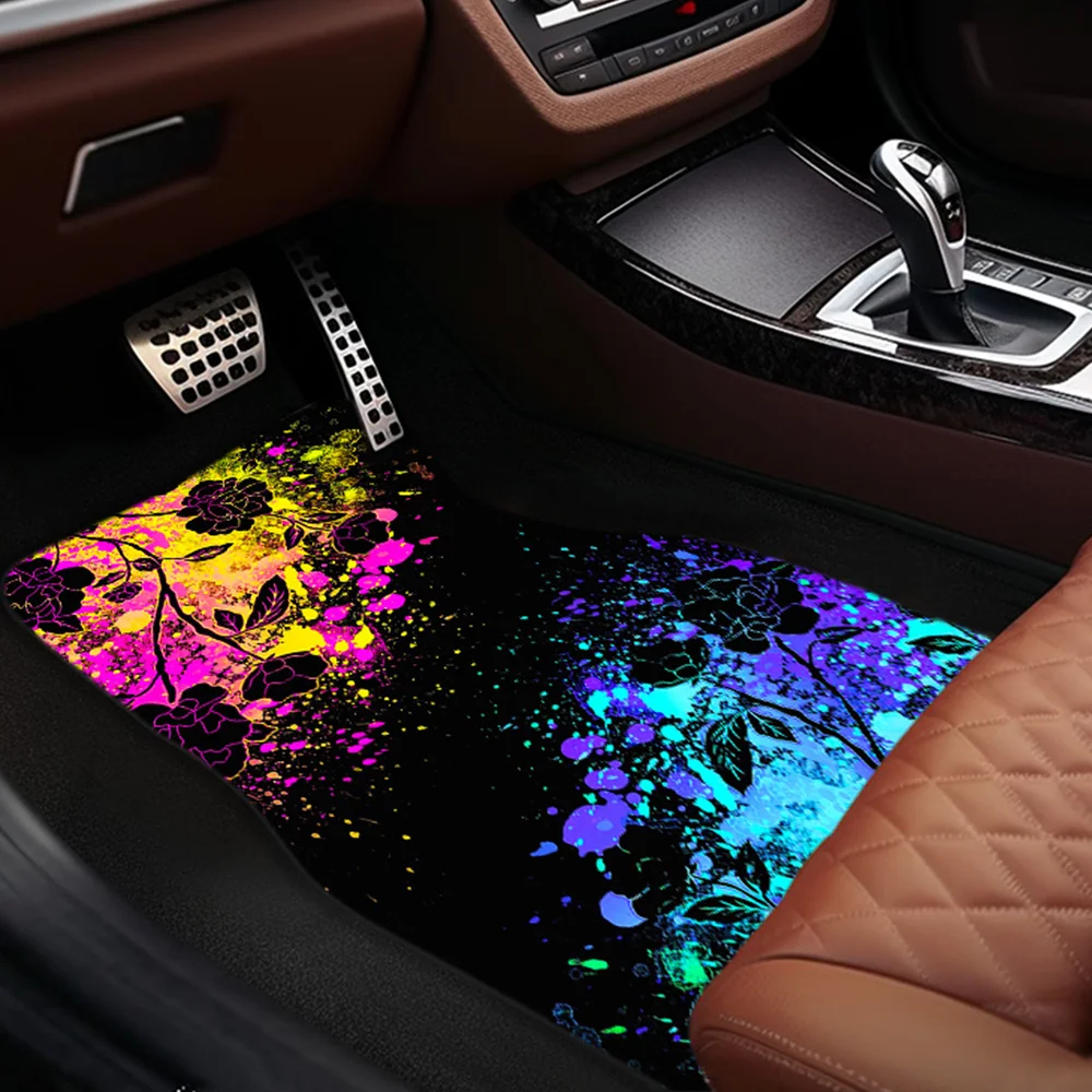 1pc/2pcs/4pcs Blue And Pink Ink Painting Flowers Pattern Fashion Art Car Mats, Universal For All Seasons, Comfortable And Durabl