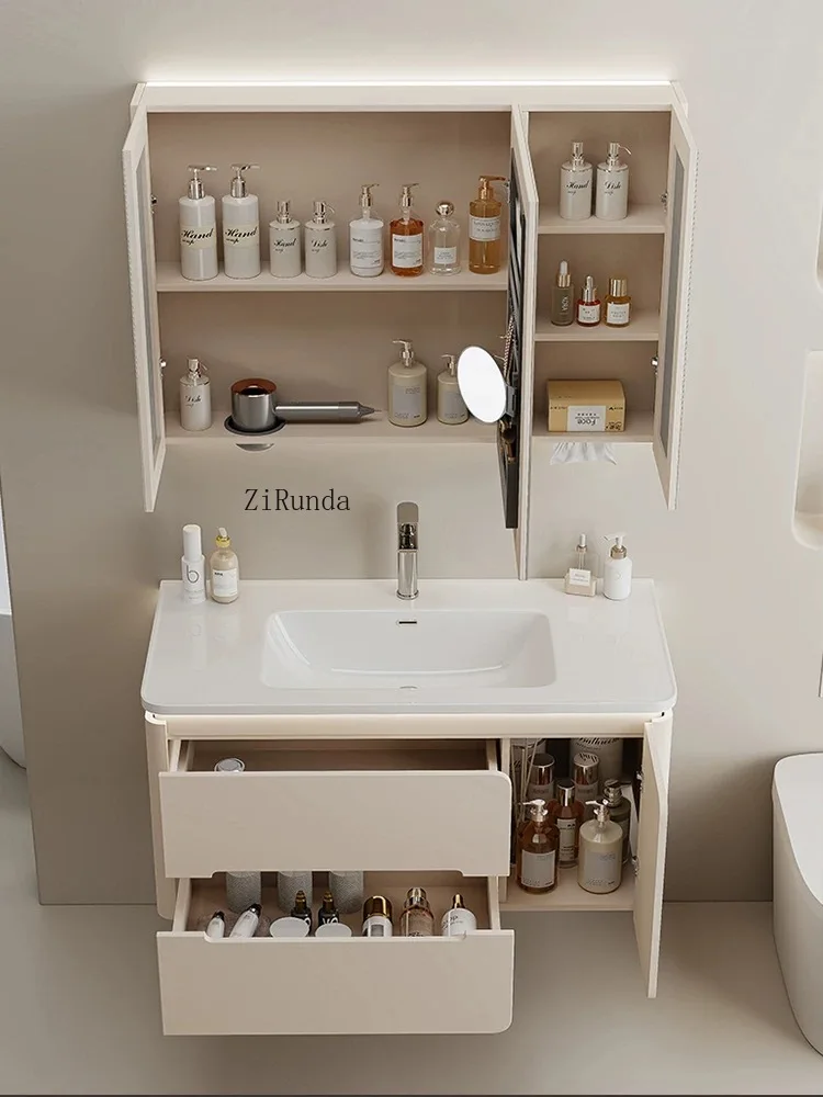 Cream oak painted wall-mounted bathroom cabinet with stone sink for apartment and hotel use