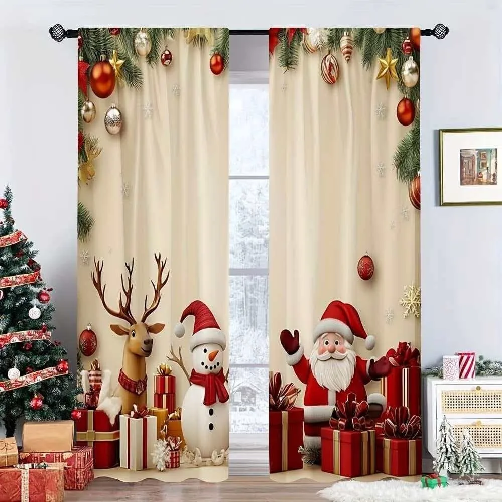 2pcs New 2D Flat Printing Christmas Curtain Set Polyester DIY Merry Christmas Curtains Happy Curtain Set for Living Room Kitchen