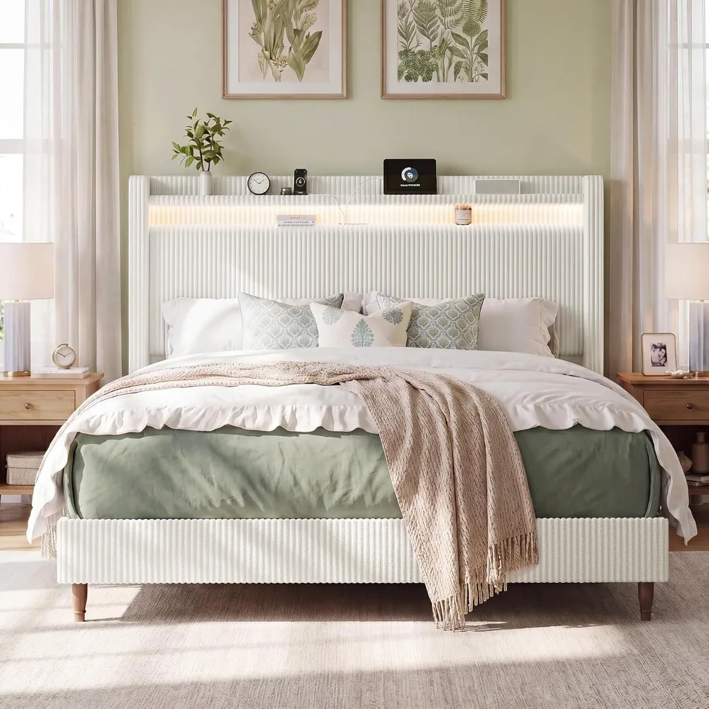 King Size Bed Frame with 55.3" Extra Tall Headboard, Corduroy Upholstered Wingback Platform Bed, 2-Tier Storage, Customized
