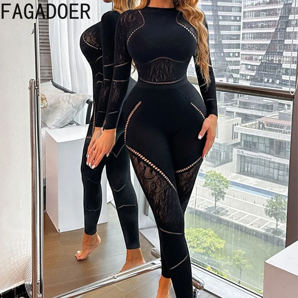FAGADOER Fashion High Quality Knit Pants 2 Piece Outfits Women Sexy Lace Patchwork Long Sleeves Bodysuits + Bodycon Pants Suits