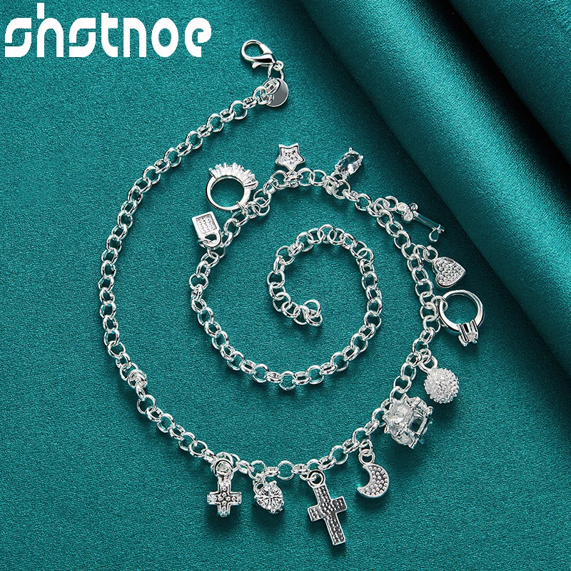 SHSTONE 2pcs 925 Sterling Silver Moon/Cross/Stars/Lock Chain Necklace Bracelets For Woman Birthday Party Wholesale Jewelry Sets