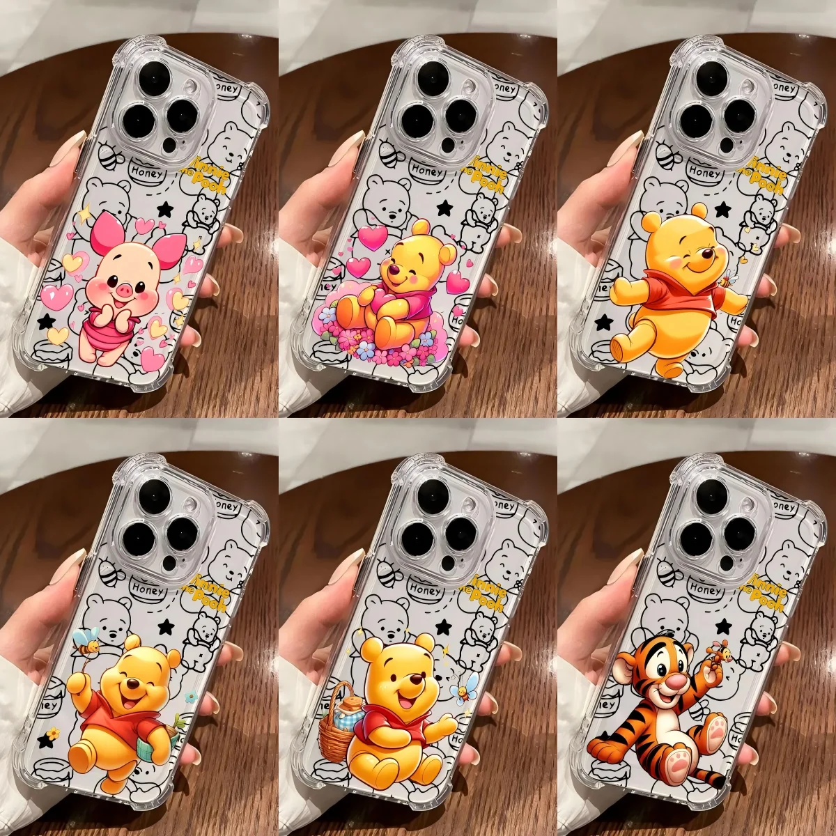 Funda Transparente Anti-Caídas para iPhone 17, 16e, 16, 15, 14, 13, 12, 11 Mini, Air, Pro, Max, XR, Plus con Diseño de Winnie the Pooh
