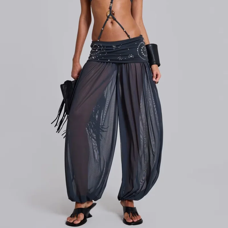 Women Chiffon Sheer Harem Pants Studded Adorn Fold Waist Mesh Balloon Pants Loose Fit Perspective Trousers Baggy Yoga Pants