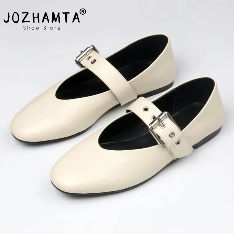 JOZHAMTA 女性カジュアル馬毛フラットシューズ牛柄本革メリージェーンシューズクラシックスクエアトゥレジャー毎日オフィス