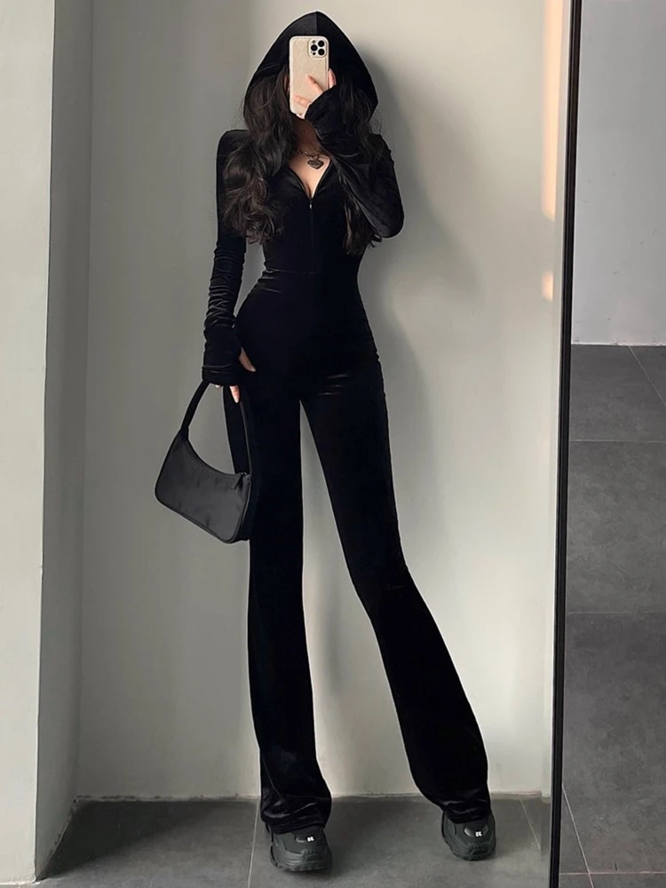 Autumn Sexy Bodycon Black Velvet Jumpsuit Women Fashion Hooded Zipper Flare Pants Rompers Vintage Y2k Streetwear Winter Outfits