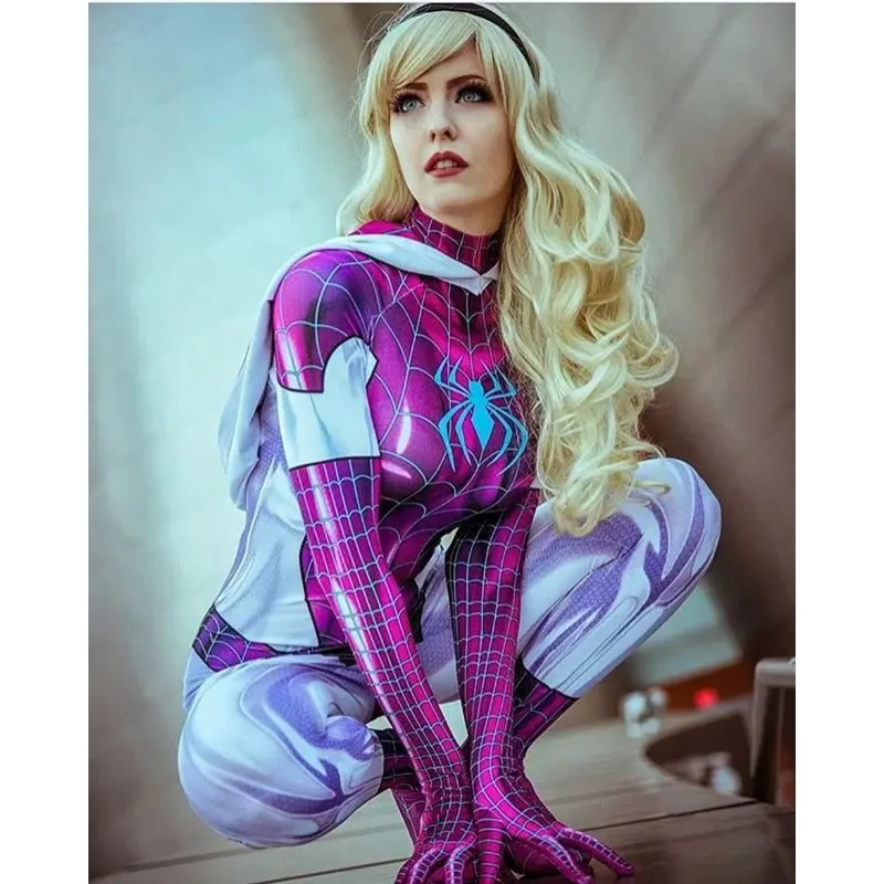 Halloween Shiny Gwen Spider cosplay Costume Female Superhero Zentai Suit Girls Woman Full Bodysuit Adults  Jumpsuit # 1 # W.