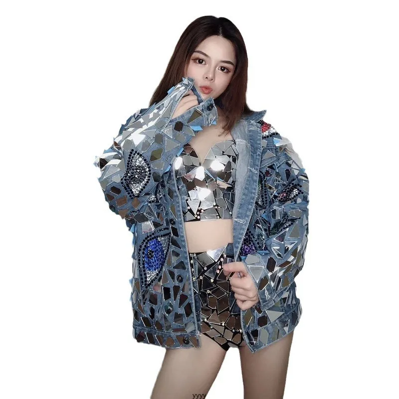 ที่กําหนดเองผู้หญิงผู้ใหญ่เพชรเลื่อมชุดยาววันเกิดเครื่องแต่งกายชุด DENIM เลนส์กระจกเสื้อบิกินี่ STAGE