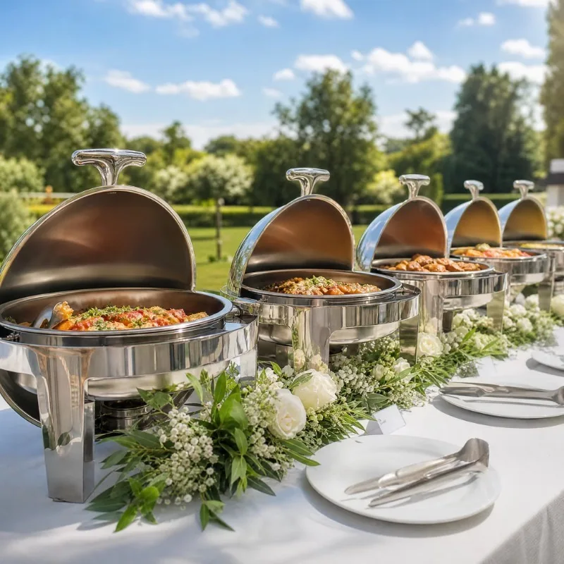 Luxury Roll Top Chafing Dish Set, Stainless Steel Commercial Buffet Food Warmer Server With Fuel Holders, Catering Equipment