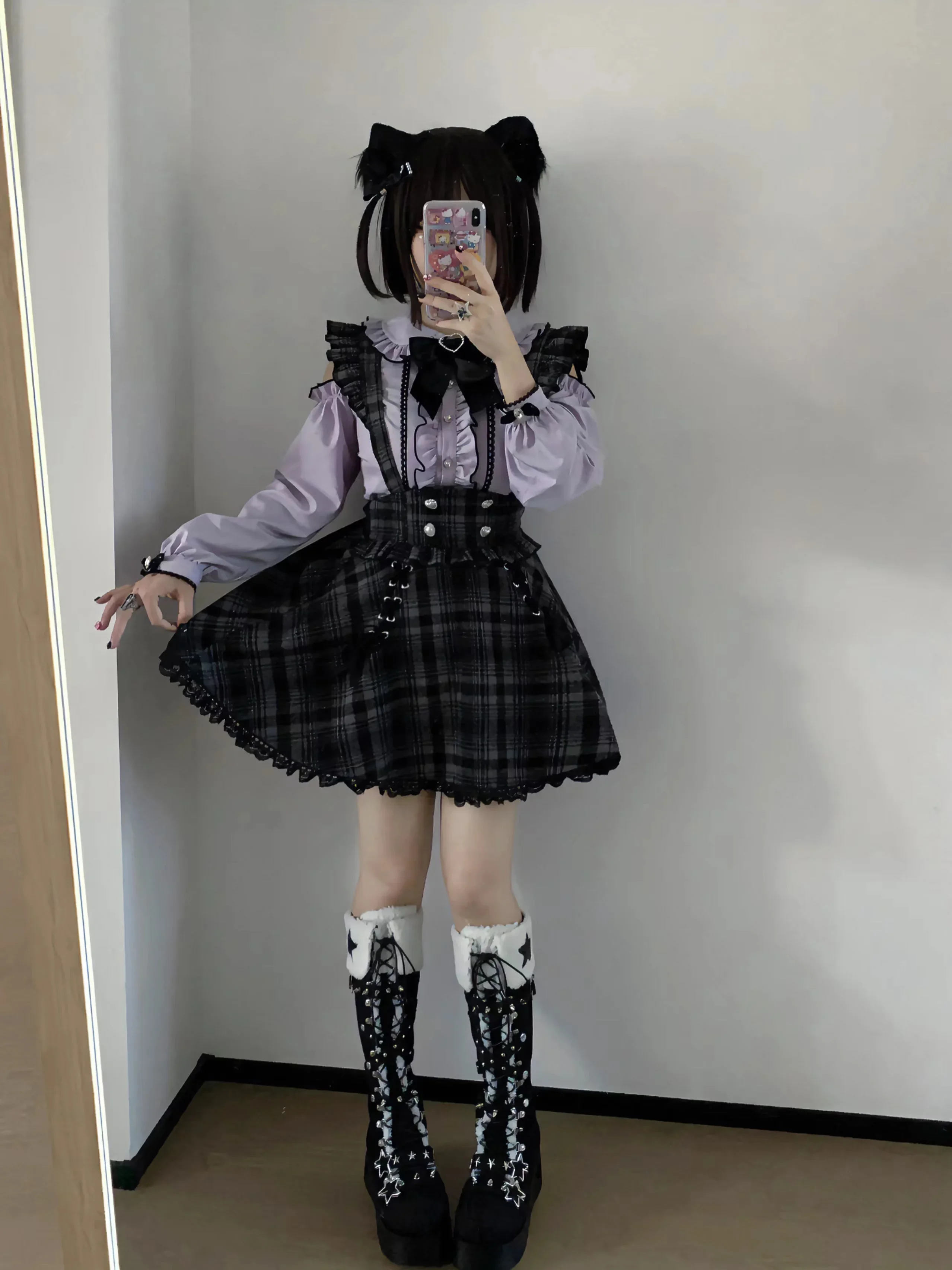 Japanese Mass-Produced Mine Purple Off-the-Shoulder Shirt Sweet Blouse Woolen Plaid Straps Skirt Girls Suspender Skirt Set