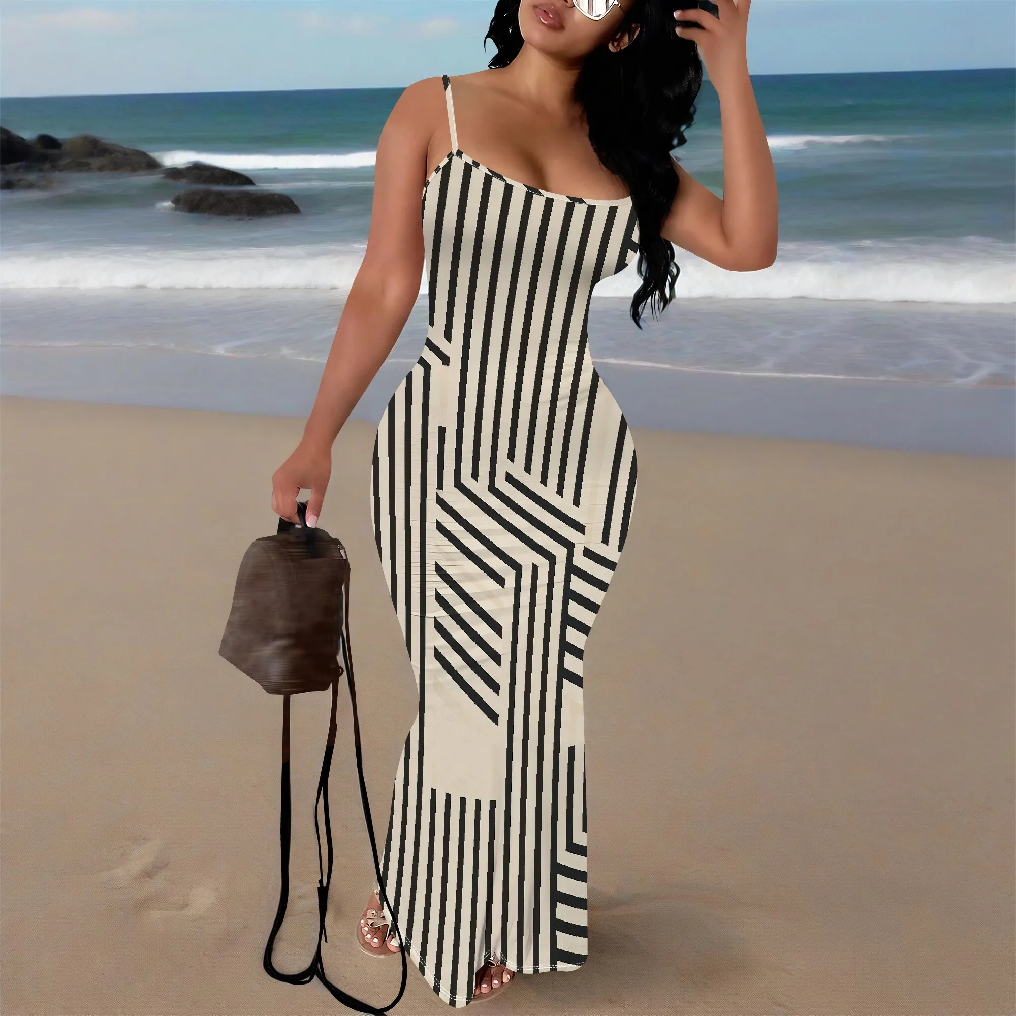 

Geometric Stripe Print Maxi Dress for Women 2025 Sleeveless Spaghetti Strap Bodycon Long Dress Sexy Summer Party Look XS-3XL