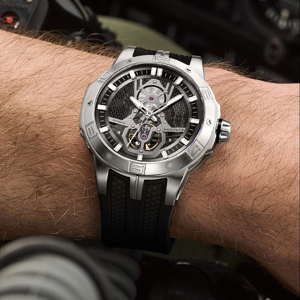 PONIGER Top Brand Automatic Mechanical Men's Watch Casual Fashion Sports Watch Sapphire Glass Stainless Steel Waterproof Clock