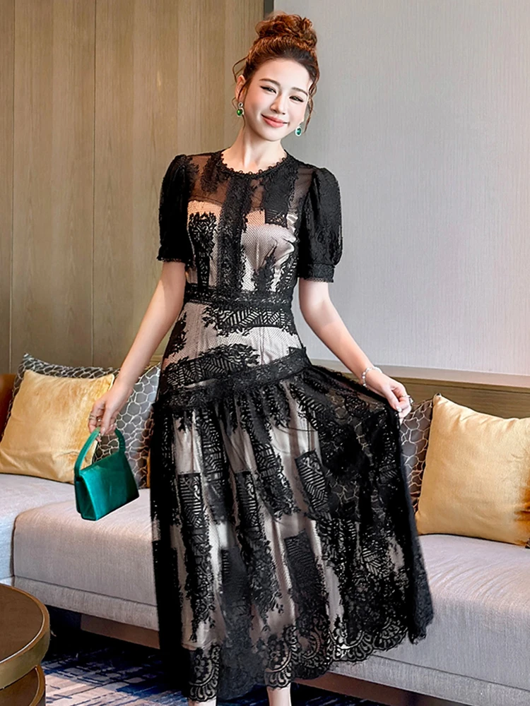 Robe de bal mi-longue romantique pour femmes, Chic, dentelle transparente, maille superposée, Robe trapèze, Style élégant, robes de soirée formelles