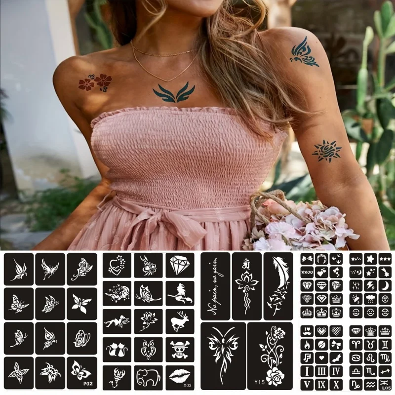 Airbrush Glitter Tattoo Stencils Template Heart Cross Star Dragon Two Layer Henna Tattoo Stencil for Arm Chest Wrist Finger Hand