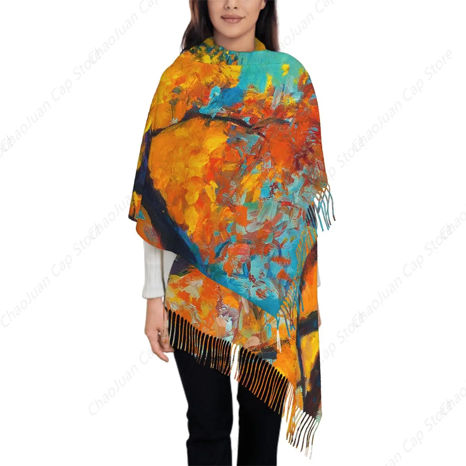 

Шарф большого размера для женщин, осенняя роспись дерева, осенний оранжевый шарф, шарфы с кисточками, осенне-зимняя шаль, накидки