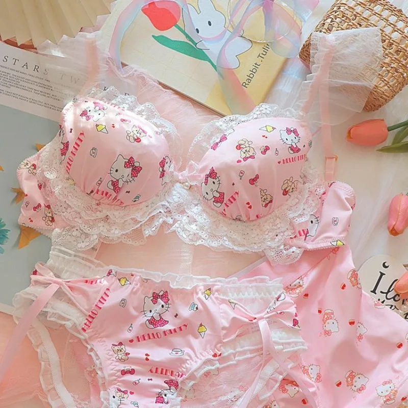 Japanese Sweet Hello Kitty Kawaii Printed Underwear Women Push-up No Wire Bra Cute Lolita Lace Girly Heart Panties Set Gifts