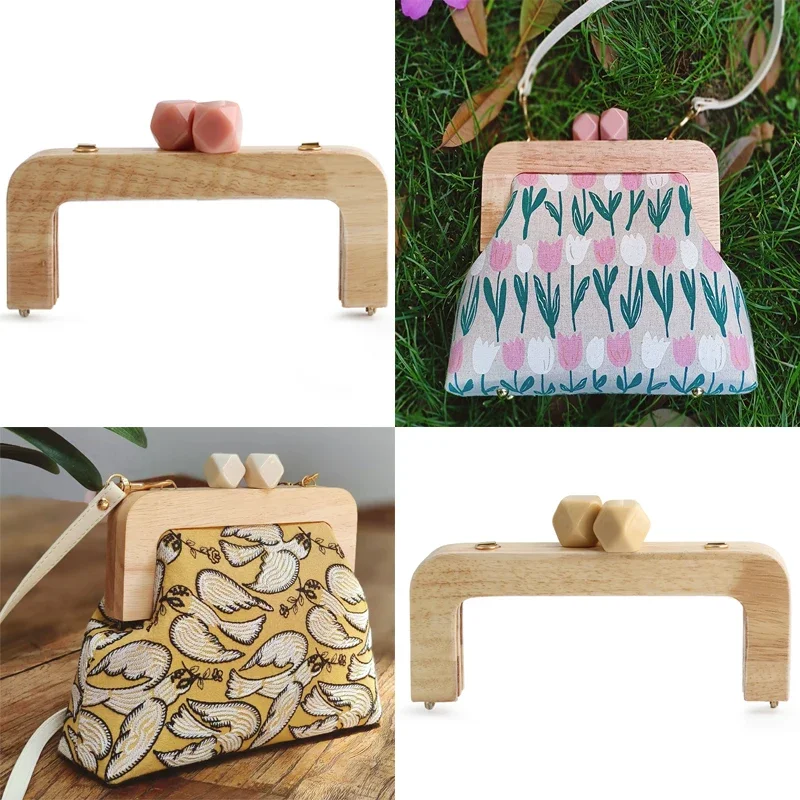 1PC Solid Wood Handbag Square Wallet Frame Kiss Lock Clutch with Wooden Beads Natural Wooden Vintage Bag Handle Kiss Lock Clutch