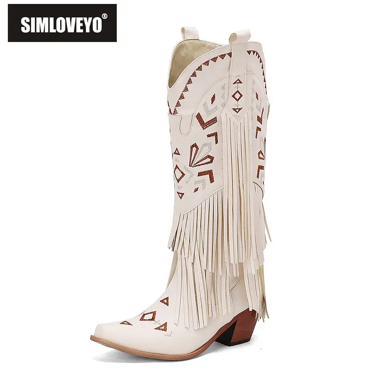 

SIMLOVEYO Design Embroidered Western Cowboy Women Bota Square Toe Block Heels 6cm Tassels Plus Size 47 48 Fashion Mid Calf Boots