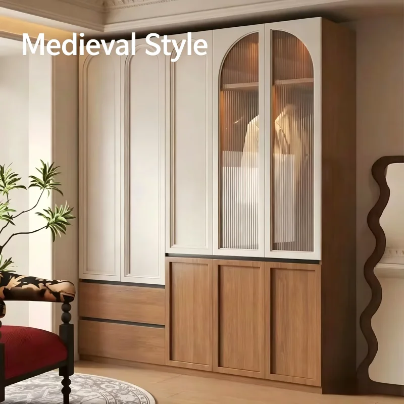 Large Size Medieval Style Segmented Solid Wood Glass Wardrobe with One Door European Simple Desk Top Free Handle Included
