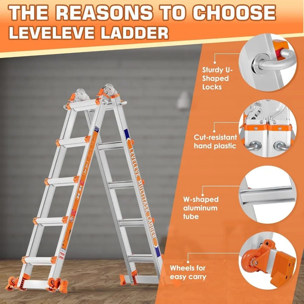 Ladder, A Frame 6 Step Ladder, 20FT Extension Ladder with Stabilizer Bar & Wheels,330 lbs Security Load Multi Position Ladder