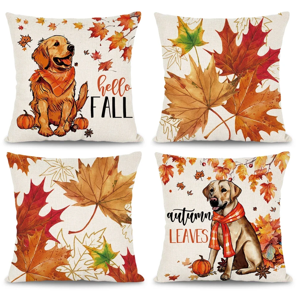 Fall  Pillowcase Pet Maple Leaf Puppy Design Sofa Cushion Cover Thanksgiving Fall Harvest Farmhouse Room Decoration