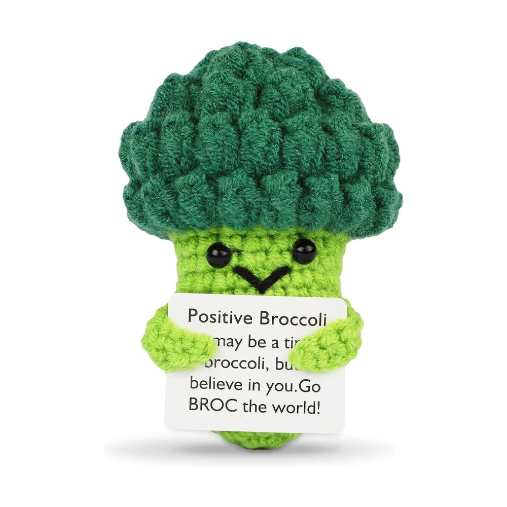 New Positive Energy Broccoli Hug Pocket Mini Handmade Plush Wool Knitting Doll with Card Funny Christams Gift Home Room Decor