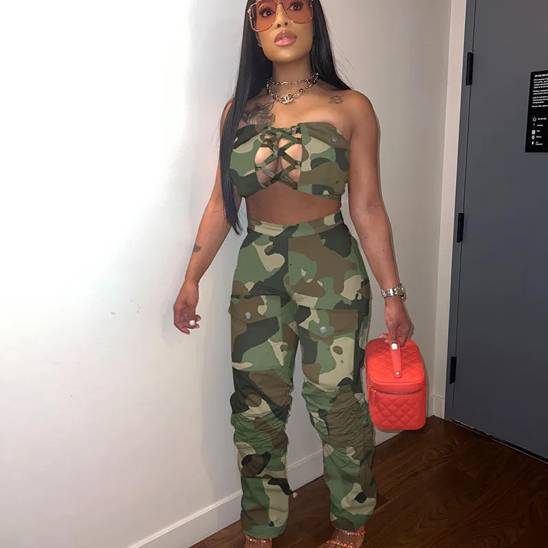 Camouflage Printing Baddie Two Piece Set for Women Matching Sets Lace-up Bandage Hollow Out Strapless Crop Top and Pants Suit