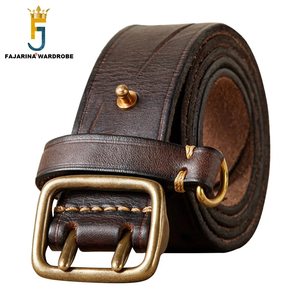 

FAJARINA Top Level Quality Solid Cowskin Leather Brass Double Pin Buckle Belt 3.8cm Wide