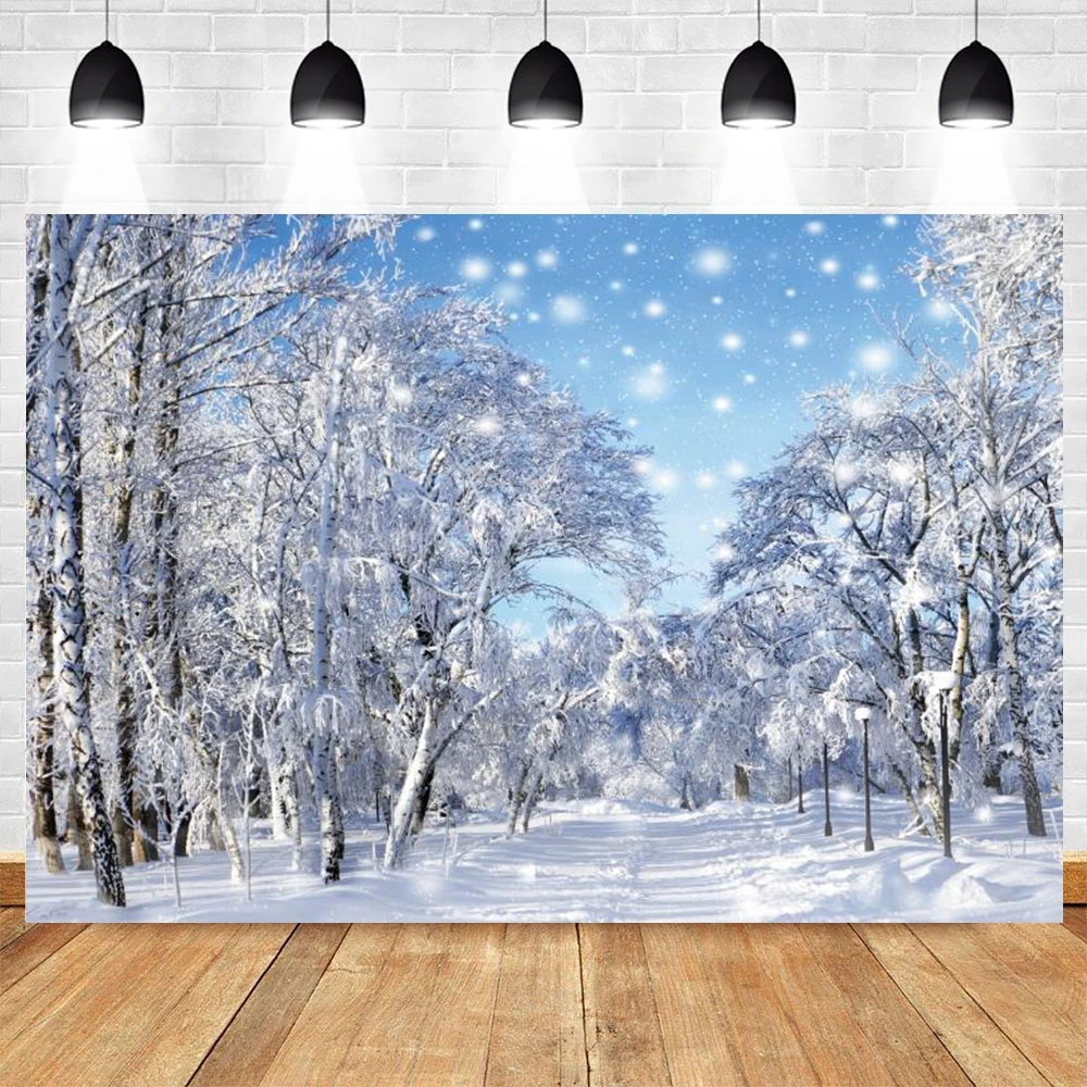 Winter Photography Backdrop Glitter White Snow Forest Pine Tree Christmas Holiday Party Decor Background Photo Studio Props