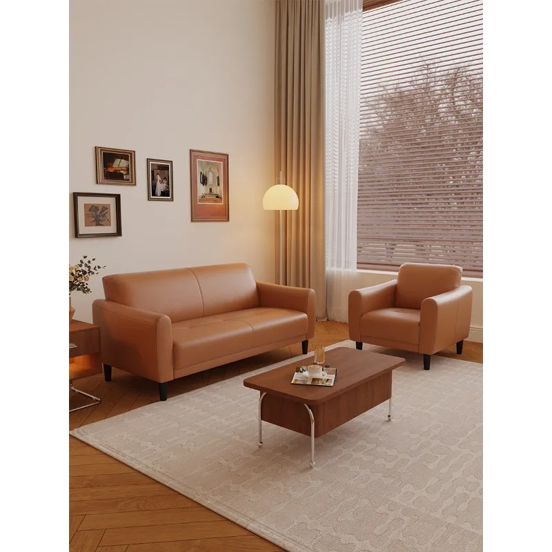 Double small apartment simple leather sofa living room retro style three cowhide sofa straight row