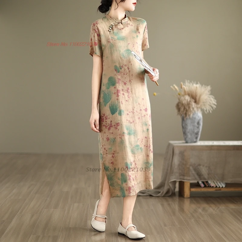 2025 chinese vintage dress national flower print a-line dress cheongsam improved qipao dress traditional folk dress streetwear