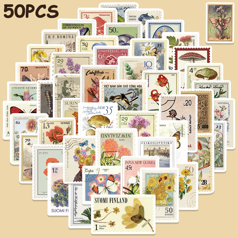 50pcs Vintage Floral Stamp Sticker Aesthetic Dceal For Scrapbook Laptop Luggage Fridge DIY Decorate Sticker Holiday Party Gift
