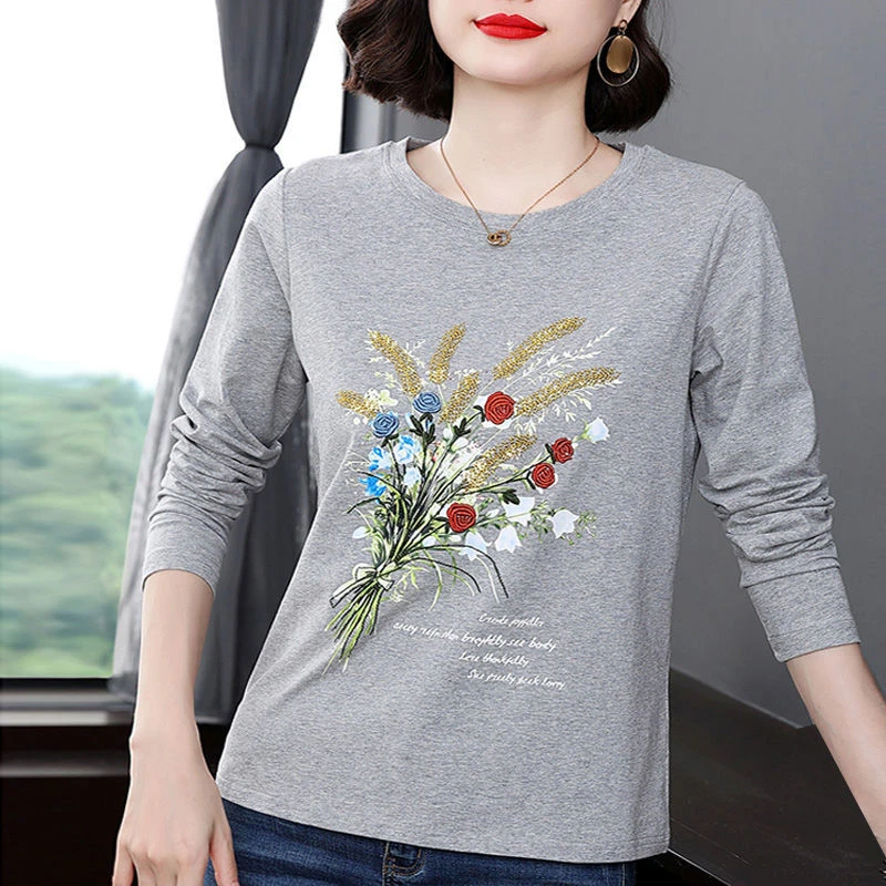 

Plant&Flowers Printing Round Neck Spring Autumn Women's Clothing Pullover Long Sleeve T-shirt Undershirt Classic All-match Tops