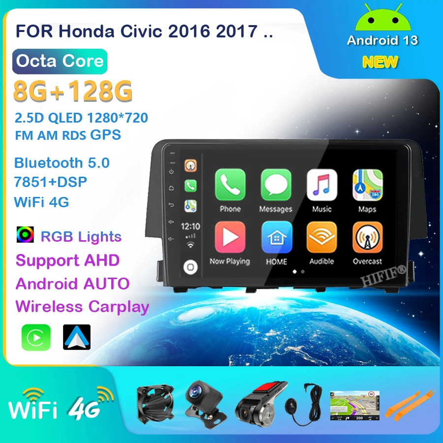 For HONDA CIVIC 2016 2017 2018 2019 9 Inch 2 Din Android 13 Car Radio Stereo WIFI GPS Navigation Multimedia Player Head Unit