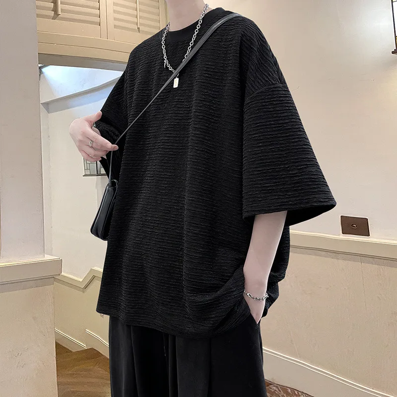 

Ретро вязаная жаккардовая текстурированная футболка с волнистым узором, свободная однотонная футболка с короткими рукавами для мужских летних топов