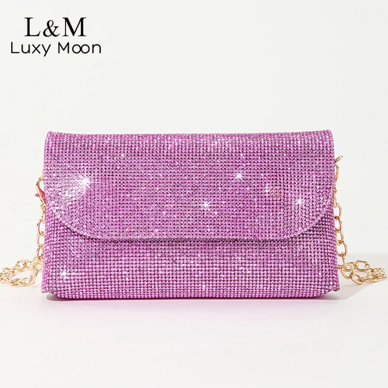 Long Diamond Purse For Women Shiny Rhinestone Crystal Evening Bag Fashion Chain Shoulder Crossbody Flap Day Clutch Pink XA758HB