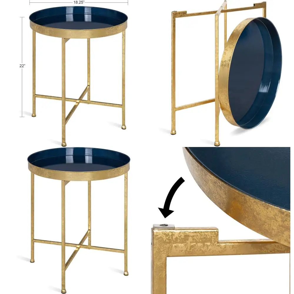 

Металлический круглый складной столик Celia в цветах морской темно-синей и золотой гамме, диаметр 18,25 дюймов, высота 22 дюйма, современный минималистичный дизайн со съемной магнитной столешницей.