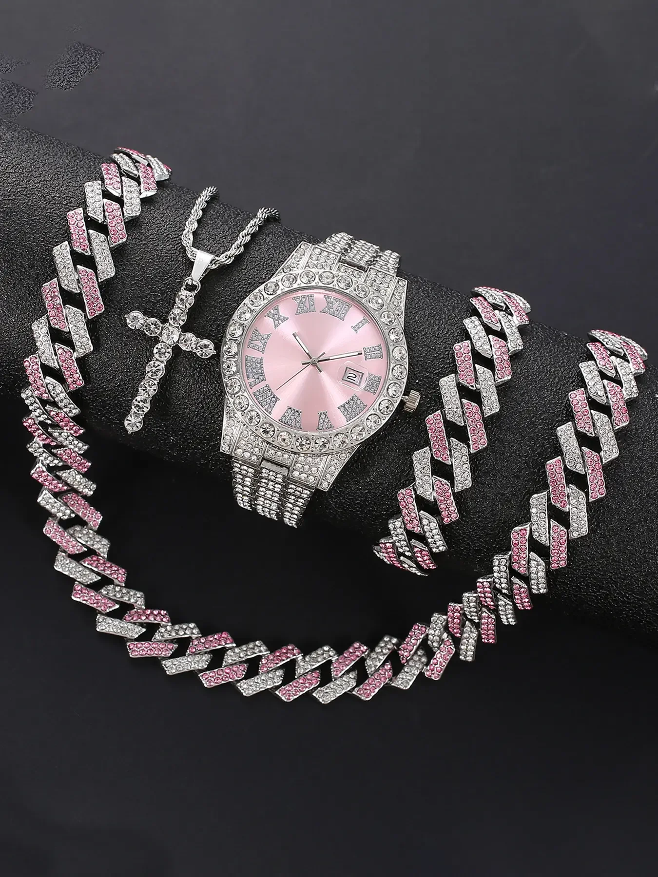 4-piece men's high-end watch set with European and American pink alloy steel strip, men's calendar watch set