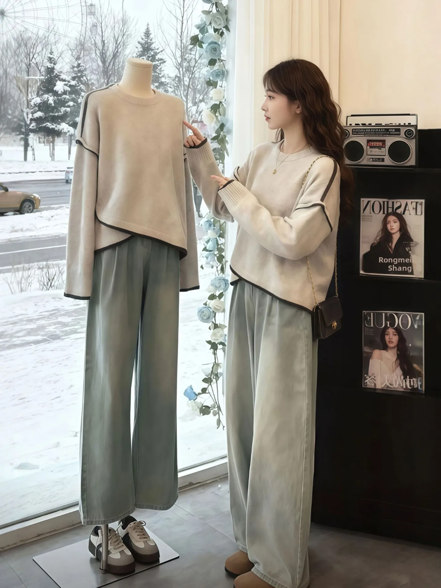 Suéter de Punto Cómodo e Informal para Mujer, Cuello Redondo, Manga Larga, Estilo Casual para el Invierno, Ajuste Hoado, Di...