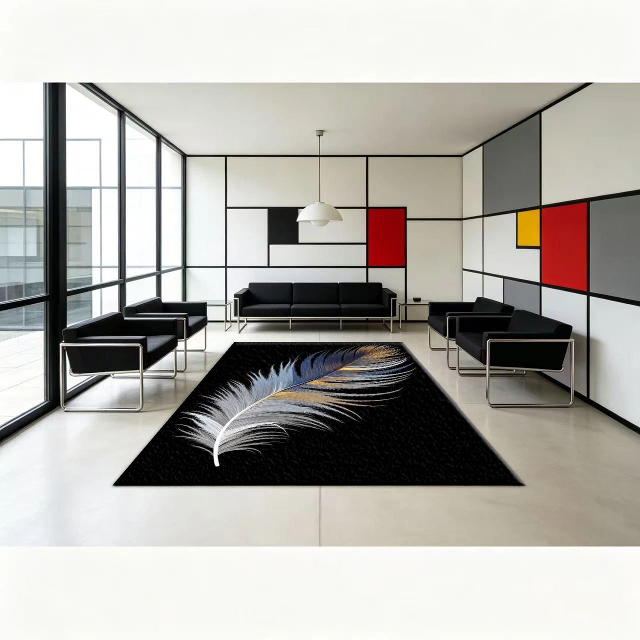 Luxurious Blue Gold and Silver Feather Carpet Floor Decoration, Elegant Artistic Style, Non-Slip Decorative Floor Carpet, Suitable for Home Use