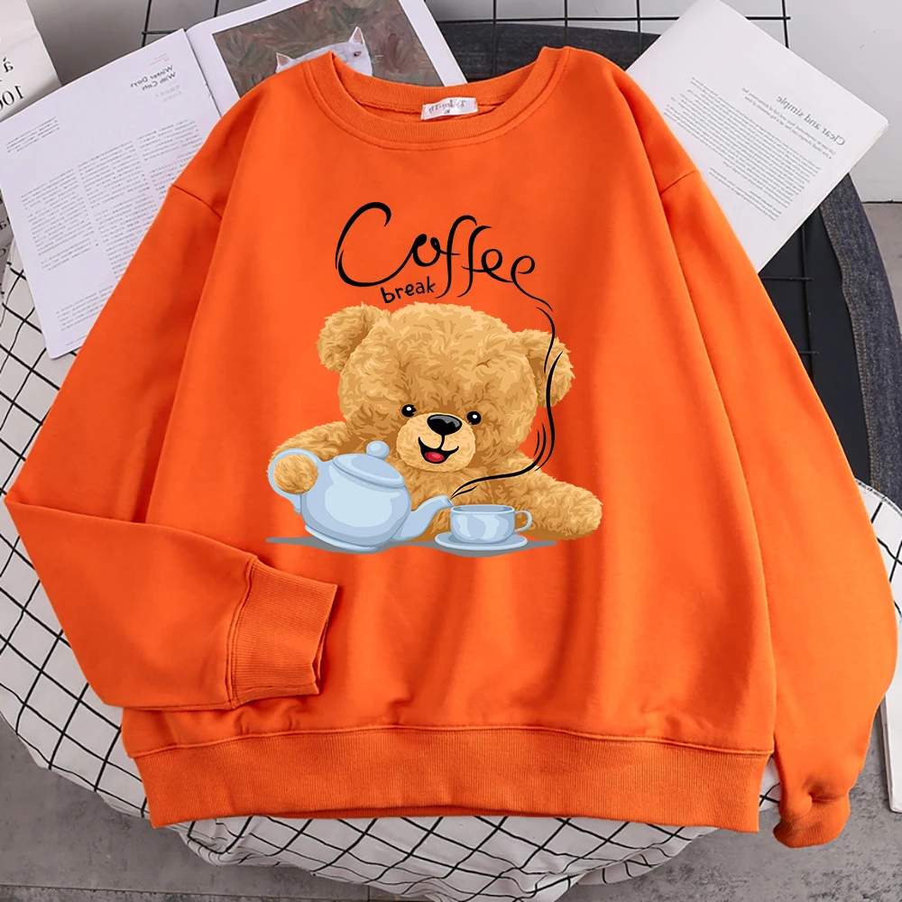 Street Casual Womens Sweatshirt Coffee Break Teddy Bear Making Coffee Print Hoodies Loose Soft Pullovers Crewneck Fleece Clothes